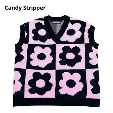 [ 인기 ] 캔디 스트리퍼 꽃무늬 블록 체크 니트 베스트 핑크 2