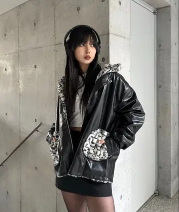 후드 부착 합성 피혁 자켓 프리 사이즈