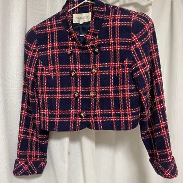 리본 포함 체크 무늬 더블 버튼 크롭 자켓