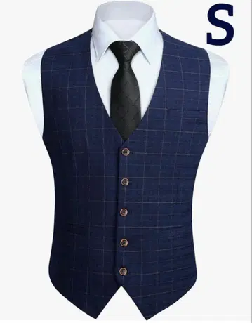 HISDERN 체크 무늬 수트 베스트 남성용 V넥 5버튼 포켓