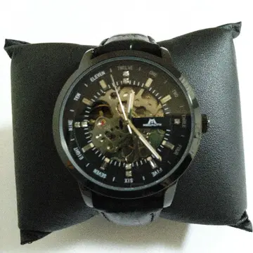 자동 와인딩 손목시계 블랙 가죽 스켈레톤