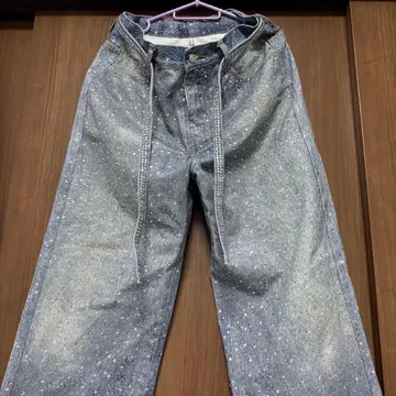 그레이 도트 무늬 데님 와이드 팬츠