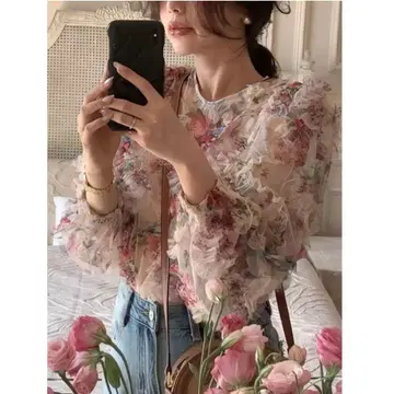 빈티지 플라워 튤 풀오버 상의