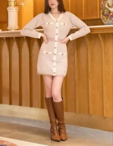 다리치 파이핑 니트 미니 원피스 핑크 Free