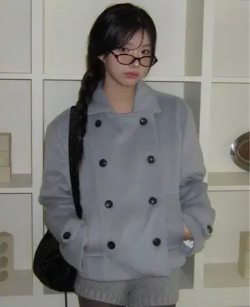 더블 브레스트 피 코트 그레이 왕홍 클래식 버튼 숏코트