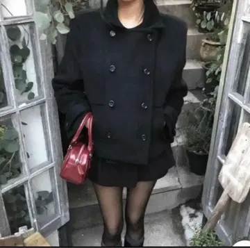 더블 브레스트 피 코트 블랙 왕홍 클래식 버튼 숏코트