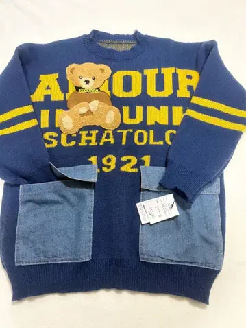 케이스리 곰 데님 포켓 니트 풀오버 상의 블루