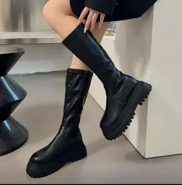 블랙 통굽 롱 부츠 지퍼 포함