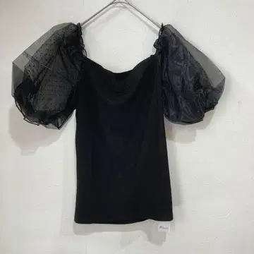 택 포함 미사용 알라만다 시스루 퍼프 슬리브 리브 티셔츠 블랙 M
