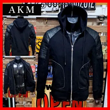 AKM 다이아 퀼트 램 가죽 절개 집업 라이더 후드티 XL