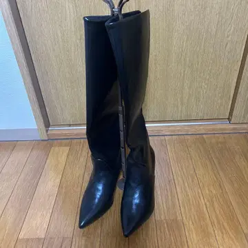 사이즈 25.5cm 블랙 인조 가죽 롱 부츠 4.5cm 힐