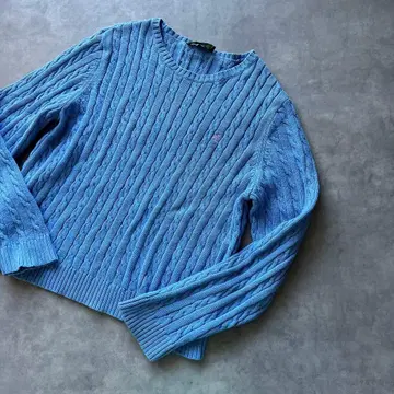 로렌 랄프 로렌 케이블 니트 블루 핑크 로고 구제 스웨터