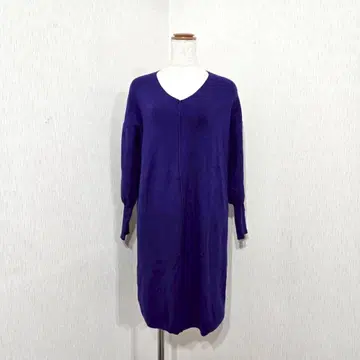 VIS 니트 원피스 퍼플 V넥 7부 소매 무릎 기장 F 여성용