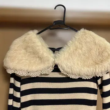 스트라이프 패턴 퍼 달린 옷깃의 드레스