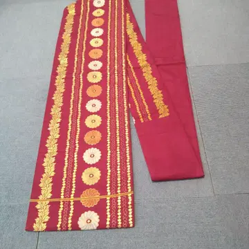 나고야 오비 빨간색 꽃 무늬 골드 컬러 자수