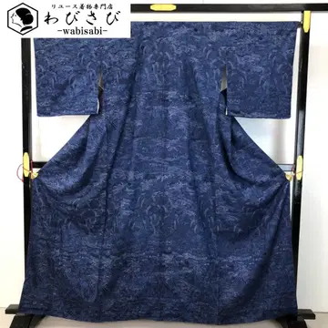 명주 기모노 원앙 물결 꽃 무늬 네이비 남색 통통 사이즈 K-5657