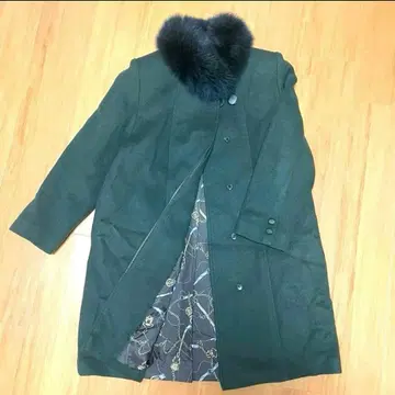 롱 코트 캐시미어 혼방 체인 패턴 퍼 포함 다크 그린 9호 M 사이즈