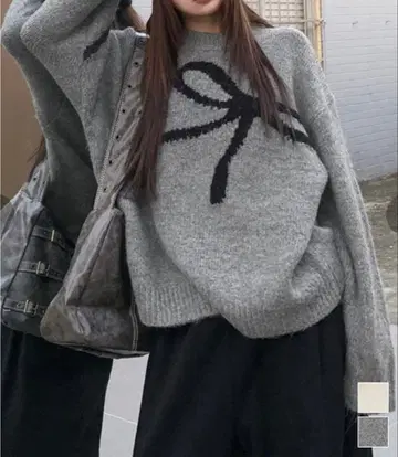 리본 무늬 니트 스웨터 풀오버 그레이