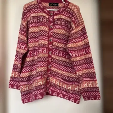 핑크 계열 기하학 패턴 긴팔 가디건 알파카