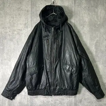 Y2K 천연 가죽 가죽 자켓 후드티 블랙 그런지