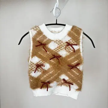 darich 리본 샤기 체크 니트탑 화이트