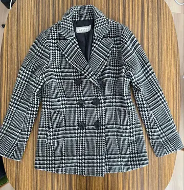 체크 무늬 더블 브레스트 피 코트 38