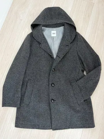 그레이 계열 체크 후드 부착 울 코트 4 사이즈