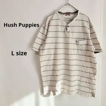 Hush Puppies 반팔 티셔츠 L 보더 로고 자수 노카라