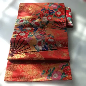 앤티크 나고야 오비 짙은 주홍색 럭셔리한 직조와 자수 화려하고 고급스러운