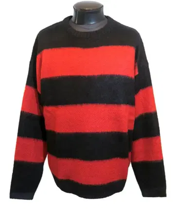 보더 니트 빨검 드롭 숄더 오버 사이즈 스웨터 레드