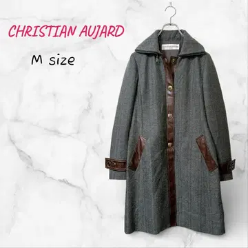 CHRISTIAN AUJARD 코트 헤링본 무늬 M 그레이 가죽 절개