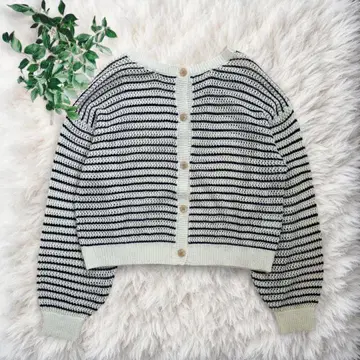 노카라 가디건 크로쉐 보더 캐주얼 L 사이즈 짧은 기장 빅 사이즈