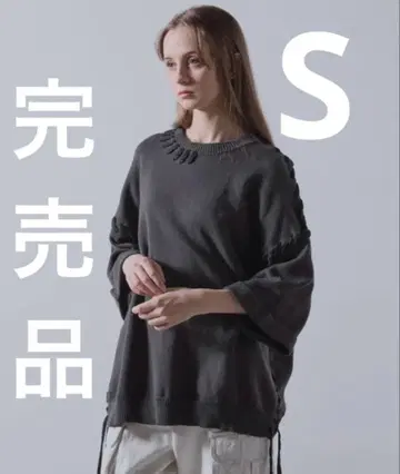 CLEL 핸드 스티치 반팔 사이드 레이스 니트 블루