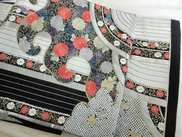 순수 실크 사슴 무늬 후쿠로 오비 파도 금속박