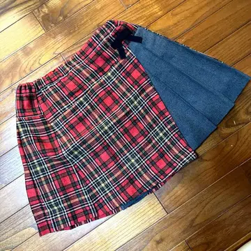 쿠미쿄쿠 키즈 빨간색과 블랙 체크 무늬 플리츠 스커트 160