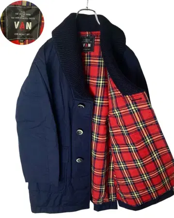 VAN 반자켓 레드 체크 안감 네이비 숄카라 코트