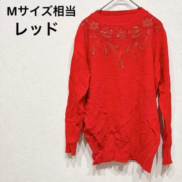 M 사이즈 상당 긴팔 풀오버 스웨터 빨간색 레드 비즈 장식 크루넥
