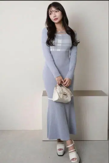 LIP SERVICE 체크 자카드 오프숄더 머메이드 원피스 블루