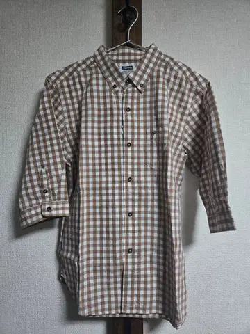 Pharmer's 브라운 깅엄 체크 7부 소매 셔츠