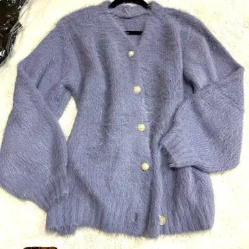 샤기 니트 롱 가디건 퍼플 그레이