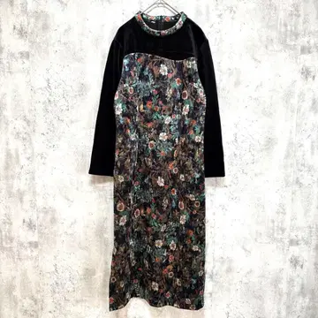 새상품급 레트로 벨로아 원단 꽃무늬 롱 원피스 블랙 속기모 방한 따뜻함