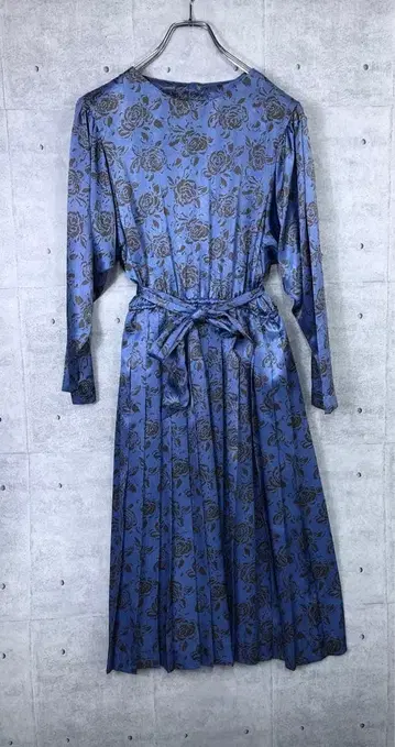 쇼와 레트로 구제 의류 허리 리본 빈티지 시크 로즈 롱 원피스