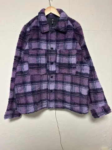 H&M 릴랙스 핏 플리스 자켓 US XL 퍼플 체크