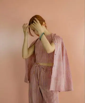 PUR 인도 블록 프린트 긴팔 셔츠 핑크 스트라이프