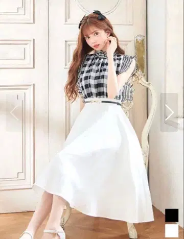 쥬얼스 깅엄 체크 블라우스 맥시 길이 플레어 스커트 미사용 S