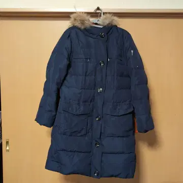 네이비 퍼 달린 롱 다운 자켓