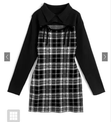 체크 무늬 프론트 오픈 리본 니트 미니 원피스[ru1373] 블랙