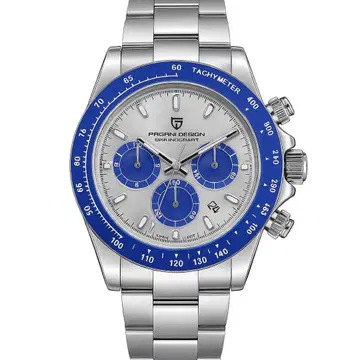 크로노그래프 남성용 손목시계 블루 베젤 실버 일본제 쿼츠 스테인리스