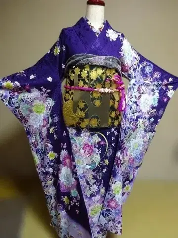 순수 실크 후리소데 오비 세트 보라색 그라데이션