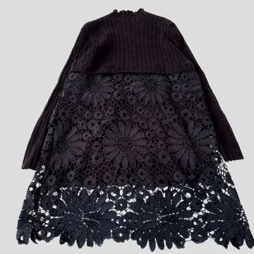 블랙 레이스 스탠드 리브 니트 도킹 튜닉 원피스 F 블랙